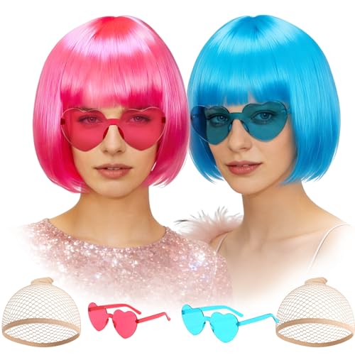 Image of DAJOOEE 2 Pack Party Wigs Wig Cap and Sunglass Set,Short Bob Hair Wigs Straight with Flat Bangs Synthetic Colorful Cosplay Daily Party Neon Wig for Women (Pink Blue)