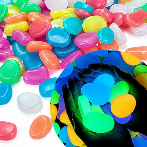 Image of Landical 1.8 Inch 100 Pcs Large Glow in The Dark Rocks Garden Stones Night Guide Pebbles Outdoor Fish Tank Rocks Aquarium Gravel Luminous Stones for Walkway Yard Succulent Plant Decor (Multicolor)