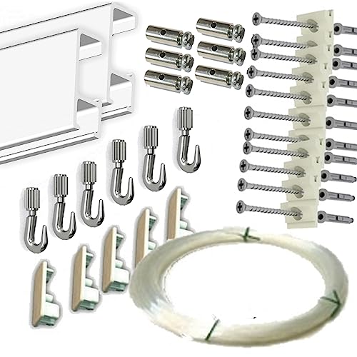 MARCS ARIAS SL Pack FAST Basic de 6 Metros Rieles de Aluminio Blanco y 6 colgadores Nylon para Colgar Cuadros… (Aluminio Blanco Mate)