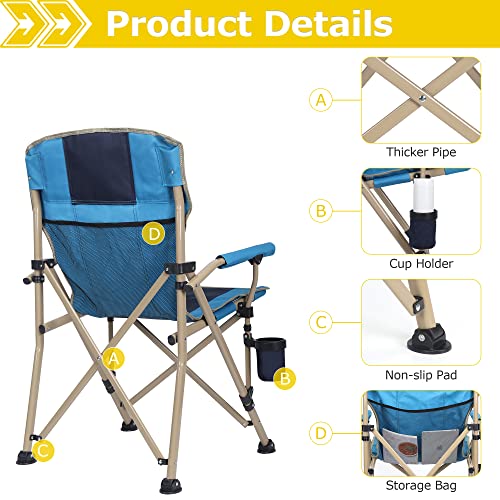Xgear Camping Chair With Padded Hard Armrest, Sturdy Folding Camp Chair With Cup Holder, Lawn Chair Back W Mesh Storage Bag, Support To 400 Lbs (Blue With Dark Blue) #TOP2
