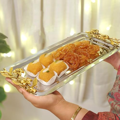 Image of BEHOMA Royal Rectangular Serving Platter, 15.5 inch | Rectangular stainless steel platter with brass leaf handle, 15.5 inch; elegant Durga Puja serveware.