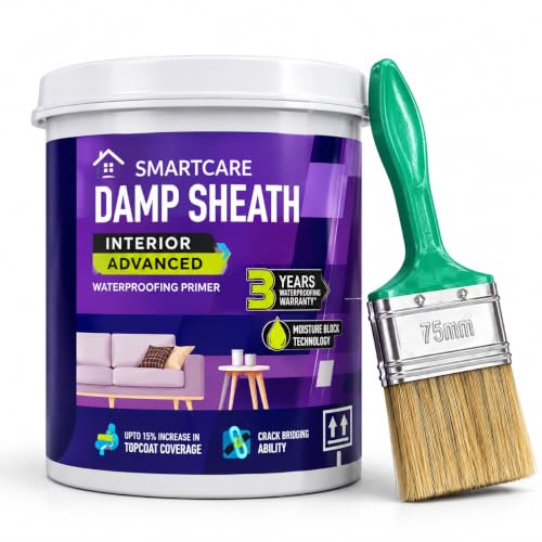 Image of Asian Paint SmartCare Damp Sheath Interior Advanced Waterproofing Primer, Water-Based,Anti-Damp Primer for Interior Walls & Ceilings, With 3 inch Premium Brush | WHITE 1 LTR