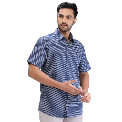 Image of Colorplus Men's Regular Fit Print Pattern Pure Cotton Plain Collar Half Sleeve Casual Shirt