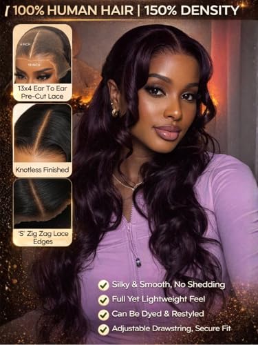 Image of Beauty Forever 13x4 Pre-Everything Lace Frontal Glueless Wig Human Hair Pre Plucked Pre Cut Black Cherry Loose Body Wave Drawstring Wig With Face Framing Layers Ready to Go Wigs 150% Density 26inch