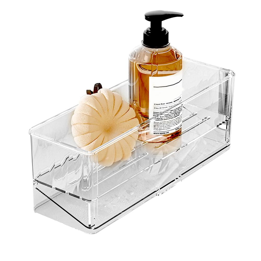 STORICANS Sink Caddy Sponge Holder for Kitchen Sink,Dish Sponge Organiser with Auto Draining Tray,Dishcloth Holder,Tidy Caddy Drainers,Kitchen Storage Rack for Soap,DishCloth,Brush,Scrubber (Clear)
