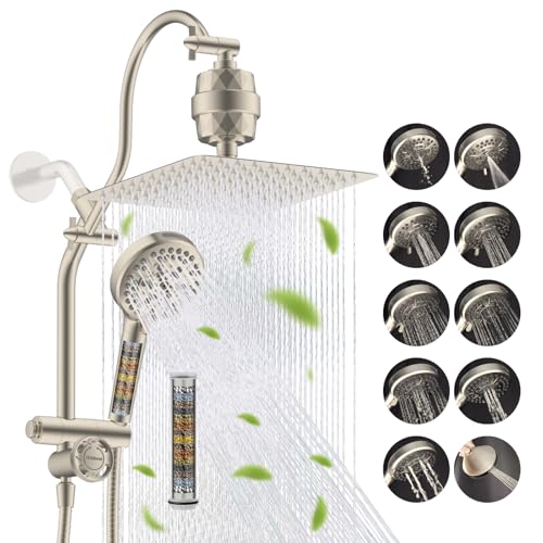 Image of Hibbent 10 inch Dual Filtered 10 inch Rainfall Shower Head with Handheld 10-Spray | High Pressure Metal Brushed Nickel Showerhead Combo with Filter, Extension Arm with 4-way Diverter, 71'' Hose & Holder