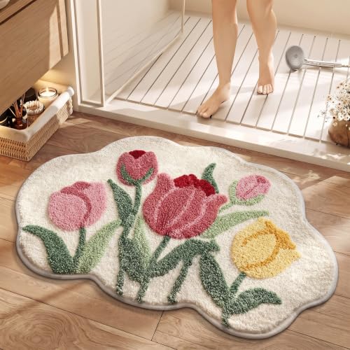 Image of Tulip Cloud Shaped Bath Mat, Soft Non-Slip Fluffy Fresh Flowers Bathroom Rug, Super Absorbent Microfiber Shaggy Door Mat,Machine Washable Bath Rug Carpet for Bathtub Bedroom 31.5 inch x 20 inch (Pink-Tulip)