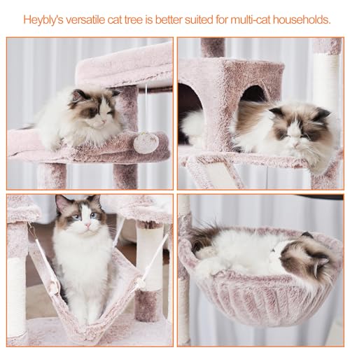 Image of Heybly Cat Tree, 71-Inch-Tall Tower for Indoor Cats with 2 Perches HCT034MU | Large Cat Furniture with 2 Big Condos, 2 Hammocks, Basket, Scratching Pad, Multi-Level Cat Condo, Rosy Brown