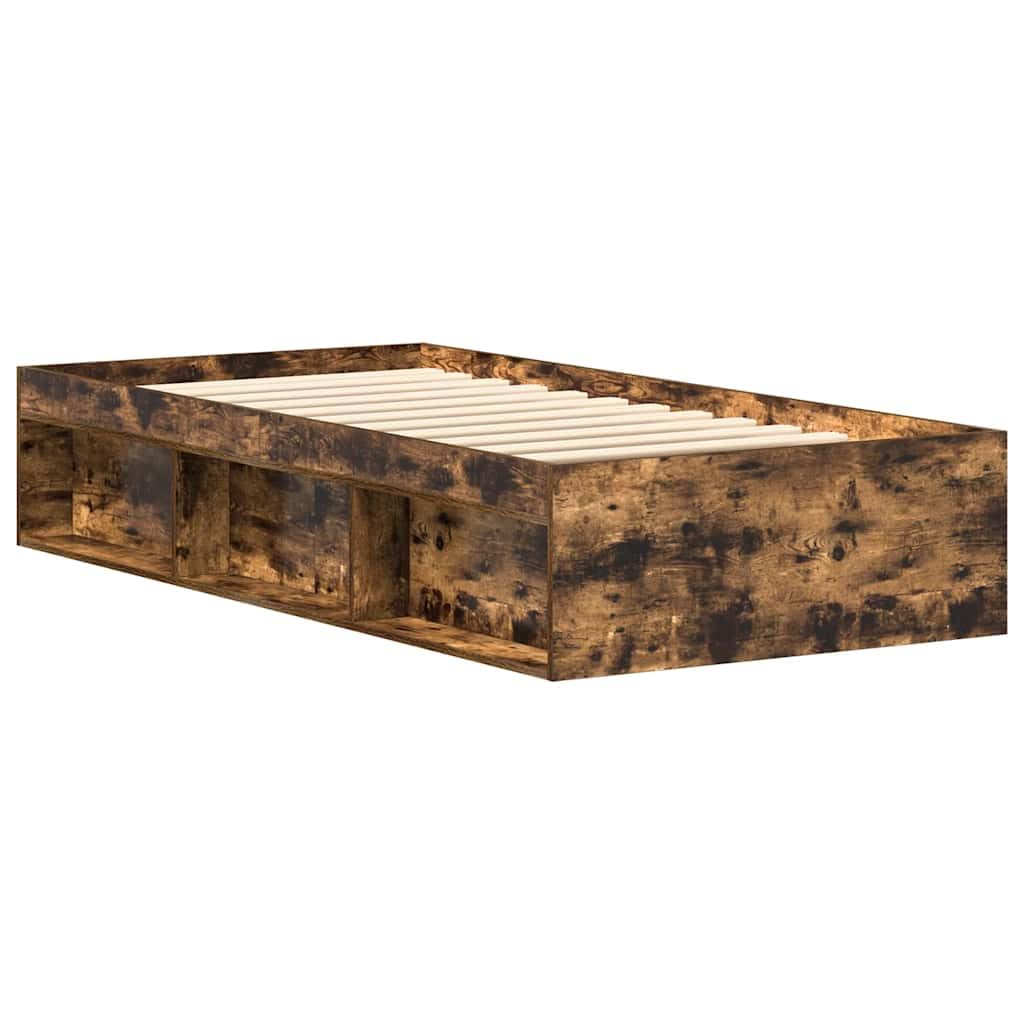 Nowoczesna rama łóżka, dąb wędzony, 90 x 190 cm, wytrzymała rama łóżka z 6 półkami, listwy ze sklejki, stabilna platforma podstawa materaca do sypialni, rozmiar Queen Size