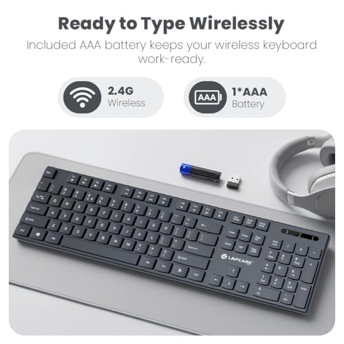 Image of Lapcare Soloo Wireless Keyboard, 2.4GHz USB Nano Receiver, Slim & Compact Design, 107 Keys Full-Size Layout, Silent Typing, Up to 10m Range, Plug & Play, Compatible with Windows PC /Laptop (Black)