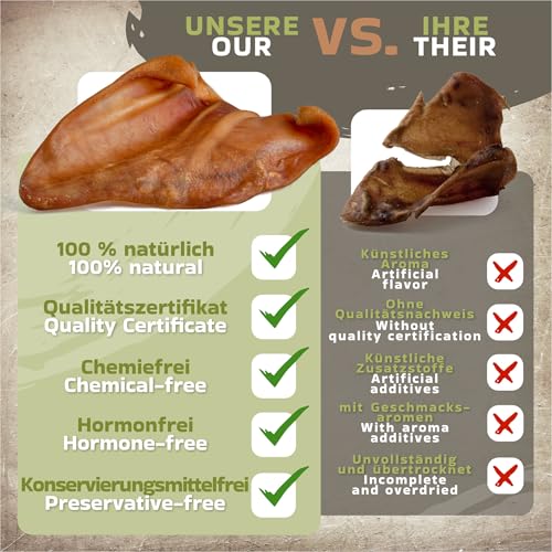Schweineohren für Hunde 20 Stück (800g) | Ganze getrocknete Schweineohren Kauartikel | 100% natürlich | Langanhaltender Kauspaß | Getreidefrei | Ideal für kleine & große Hunde