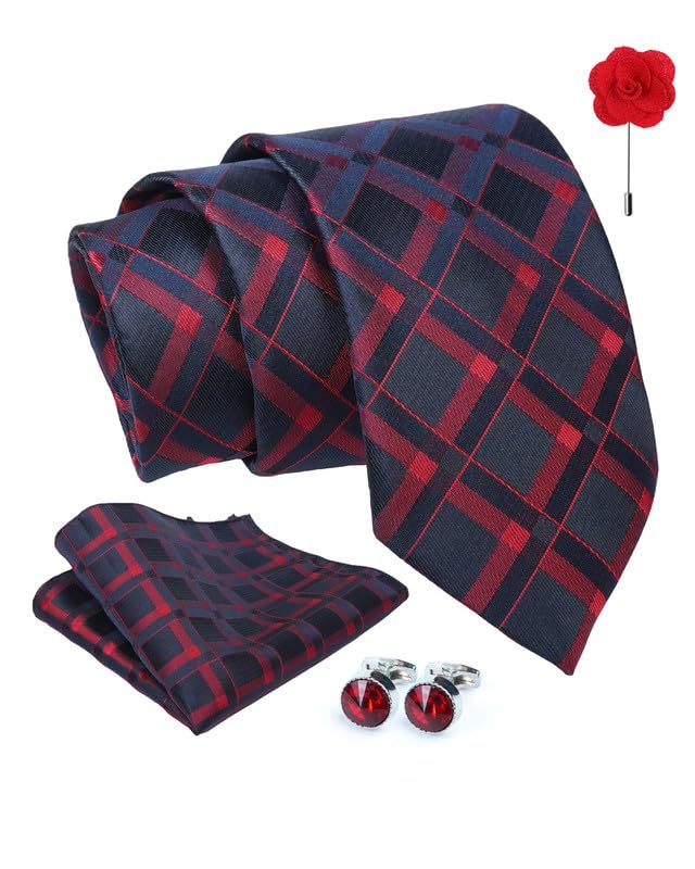 AxlonCheckered Tie For Men – Formal Ties Set With Pocket Square, Cufflink & Flower Pin With Gift Box For Mens, Silk Fabric Neckties Gift Sets For Men’s (CH1)