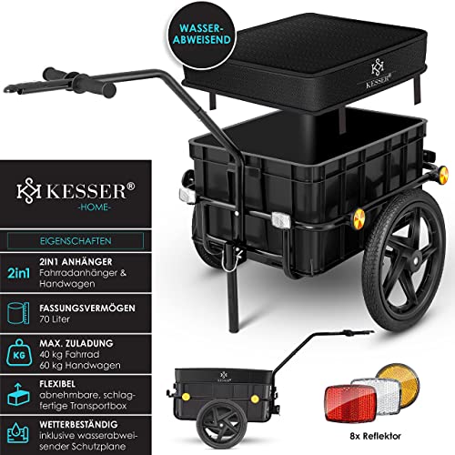KESSER® Fahrradanhänger, Lastenanhänger, Handwagen mit Kupplung, Hochdeichsel, für Fahrrad Transportanhänger Transportbox mit 70 Liter Volumen, Max. 60kg, + Zubehör für Fahrräder mit 26-28, Schwarz