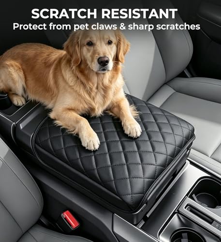 Image of Center Console Cover for Ford F150 2021-2026 & F150 Lightning 2022-2026, Fits Work Surface Console Only, 1.2-Inch Thick PU Leather Armrest Cushion Protector with 2 Side Pockets, Black