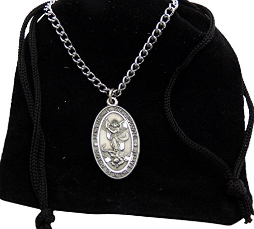 Saint Michael Pewter Medal Oval Pendant 1 Inch on 24 Inch Stainless Steel Chain Gift2
