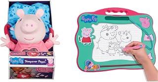 SLEEPOVER PEPPA SOFT TOY BEDTIME LULLABY TOY WITH LIGHTS AND SOUNDS PRESCHOOL GIFT AGE 3, 4, 5 & Travel Magnetic Scribbler pad with pen and 3 stamps, draw and erase with no mess