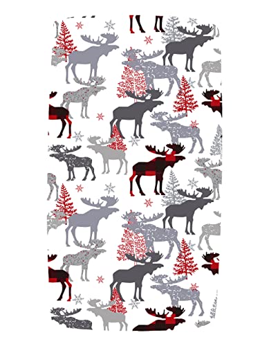Image of Dear Baby Gear Deluxe Baby Crib Sheet - Cotton Polyester Infant Sheets - Soft Machine-Washable Crib Mattress Cover - Newborn Nursery Bedsheet - Moose Tree and Red Black Plaid Print, 52 inchx28 inchx10 inch