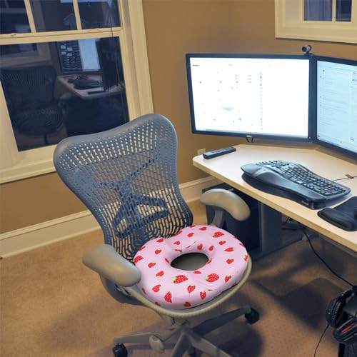 Pink Strawberry Donut Pillow Seat Cushion for Tailbone Pain Relief and Hemorrhoids, Home Office Chair Cushion for Long Sitting Work, Memory Foam Car Seat Cushions for Driving Butt Pain & Postpartum