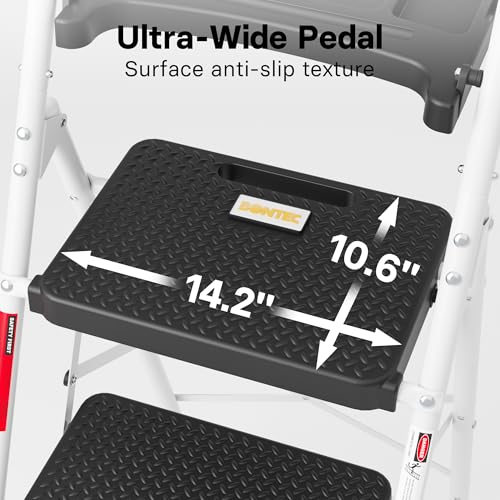 Image of BONTEC 4-Step Ladder, Folding Step Stool with Tool Platform, Wide Anti-Slip Pedals, Max Load Capacity 400lbs Sturdy Steel Ladder, Lightweight Portable Ladder, Tall Step Ladder for House Use, White