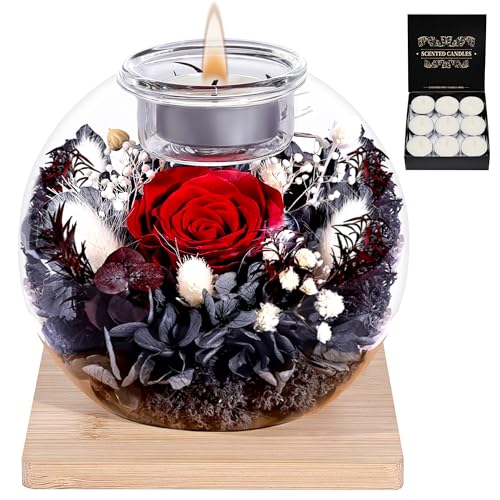 FRFG Rose Eternelle, Cadeaux d'anniversaire pour Femmes, Vraies Roses Eternelles avec Couvercle en Verre, Cadeau Noel pour Femmes, Sœurs, Petites Amies pour Anniversaire, Thanksgiving, Noël (Rouge)
