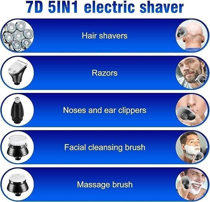 Electric Shavers for Bald Men, Men Electric Shaver Bald Head 5 in 1 Beard Trimmer Razor Nose Hair Clipper Waterproof Nose Trimmer Professional Shaver Machine