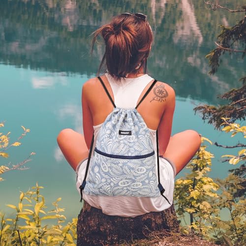 Image of WANDF Drawstring Backpack, Gym Sackpack for Sports (Light Blue Leaf) | Water-Resistant, Shopping, Yoga, Travel, Beach, Daily Carry