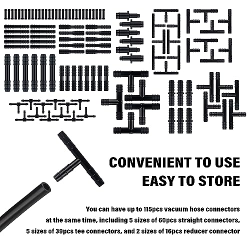 Image of 115PCS Car Vacuum Hose Connector Assortment,12 Sizes Vacuum Tube Vacuum Line Kit with Tee /Straight /Reducer Connector,Heat Resistant 240℃ (460℉) Car Spare Parts for Car Truck SUV (115PCS Connector)