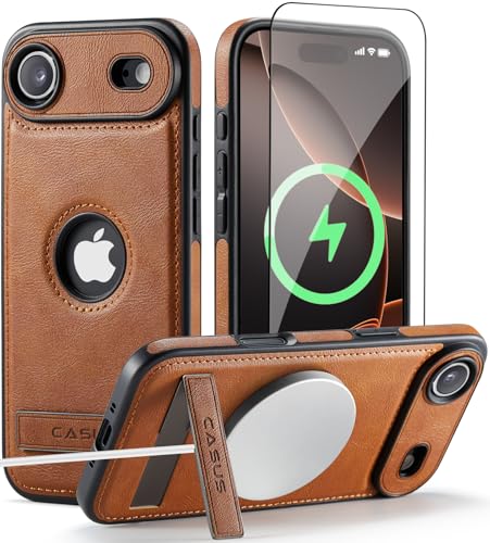 Image of Casus for iPhone Air Case Compatible with MagSafe Kickstand Vegan Leather Slim Classic Luxury Elegant Protective Cover with Tempered Glass Screen Protector (2025) 6.5 inch, Brown