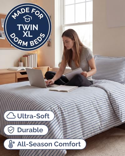 Image of Duvet Cover Queen Size Set - Extra Soft Queen Duvet Cover 90 inch x 90 inch with 2 Pillow Shams for Women, Men, Kids & Teens - Hotel Luxury w / Zipper Closures & Ties - Comfy, Cozy & Breathable (Beige Stripes)