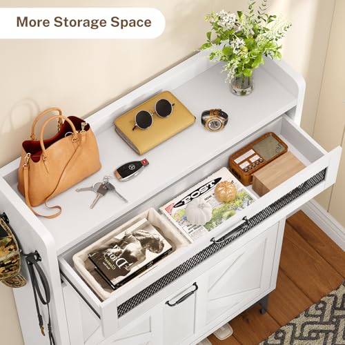 Image of TEENFON Slim Shoe Cabinet, Farmhouse Hidden Shoe Storage with 2 Flip Drawers & 1 Top Drawer, Narrow Shoe Cabinet with Adjustable Shelves and Hooks, Shoe Storage Cabinet for Entryway, White