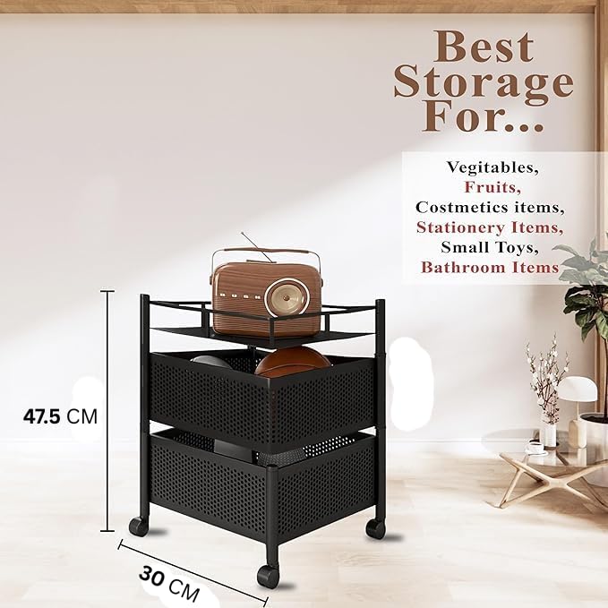 Image of KITCHIVO Kitchen Storage Rack | Revolving Vegetable Rack | Square Multipurpose Storage Trolley with Wheels | Metal Fruit Rack (Black, 2 Layer)