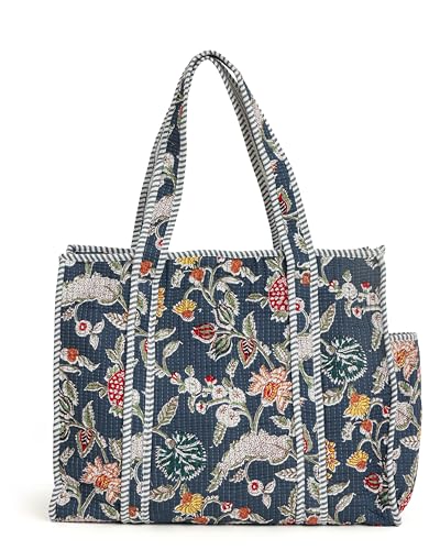 NIKAVIK Quilted Cotton Tote bag – Exotic Animal Print Foldable and Ideal for Travel Shopping Beach Trips or Daily Essentials (Blue Multi)