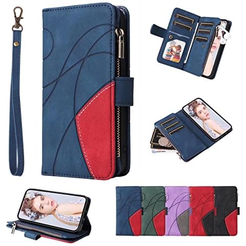 MBSLFY Wallet Case for Moto G Power 2021,Premium Vintage Leather 9 Card Slots Magnetic Handbag Zipper Pocket Kickstand Holder Wrist Strap Shockproof Book Flip Cover,Blue Cover
