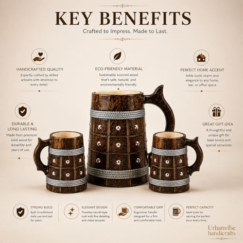 Image of Wooden Beer Bar Combo Set | Barrel Shaped Jumbo Mug with Metal Studs | 2 Small Beer Mugs 350ML (5 x 4 inches Each) & 1 Large Beer Jug 750ML