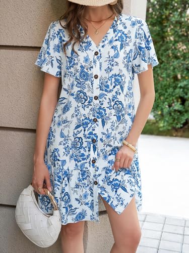 Image of Imysty Womens Polka Dot V Neck Button Down Ruffles Loose Mini Short T-Shirt Dress