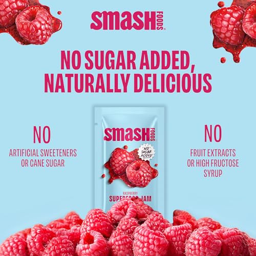 Image of Smash Foods Raspberry Jam Squeeze Packets | 10 Single Serve | Natural, Keto & No Sugar Added | Vegan & Upcycled Fruit Spread | Low-Calorie, Superfood Snack