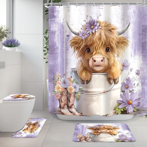Purple Highland Cow Western Cute 4Pcs Bathroom Shower Curtain Set with Rugs