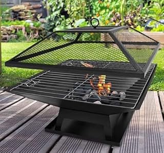 Marco Paul® Large Square Fire Pit garden heater Black Powder Coated Paint Metal | Tiled Edging Brazier and Mesh Lid with Handle | Firepit Table with Fire Poker For Garden