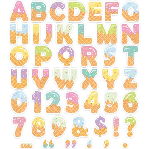 Whaline 276 Pcs Ice Cream Bulletin Board Letters Set 4.3 Inch Colorful Large Chalkboard Letters Combo Alphabet Numbers Symbol Paper Cutouts for Summer School Classroom DIY Decoration