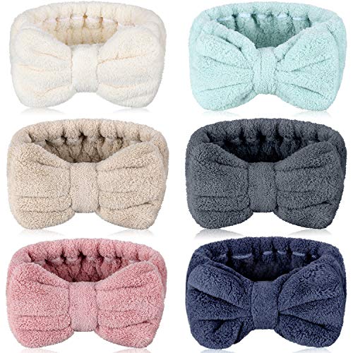 WILLBOND 6 Pack Microfiber Bowtie Headbands Elastic Makeup Headbands Wash Spa Yoga Sports Shower Adjustable Hair Band for Girls and Women (Pink, Blue, White, Dark Grey, Camel, Cyan)
