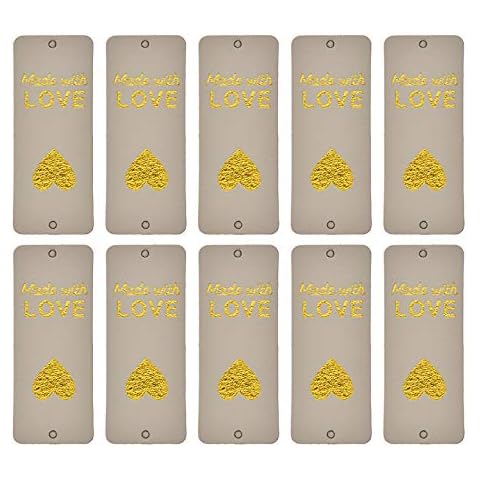 KORENJUL 24Pcs Made with Love Heart PU Leather Tags Labels with Holes Embellishment Knit Sewing Crochet Knitting Hats Crafts DIY Accessories, Beige(2 Holes) Cover