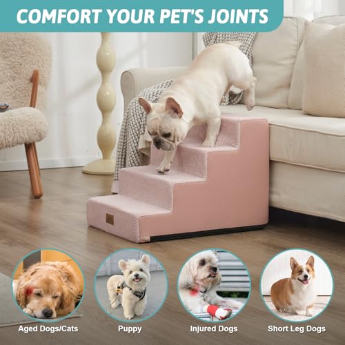 Image of COZY KISS Dog Stairs for Small Dogs, 17.7 inch Extra Wide Right-Angle Pet Stairs for Couch and Beds, Anti-Slip Dog Steps for Old Cats and Lowrider, 17.7x23.6x17.7 inch, Pink