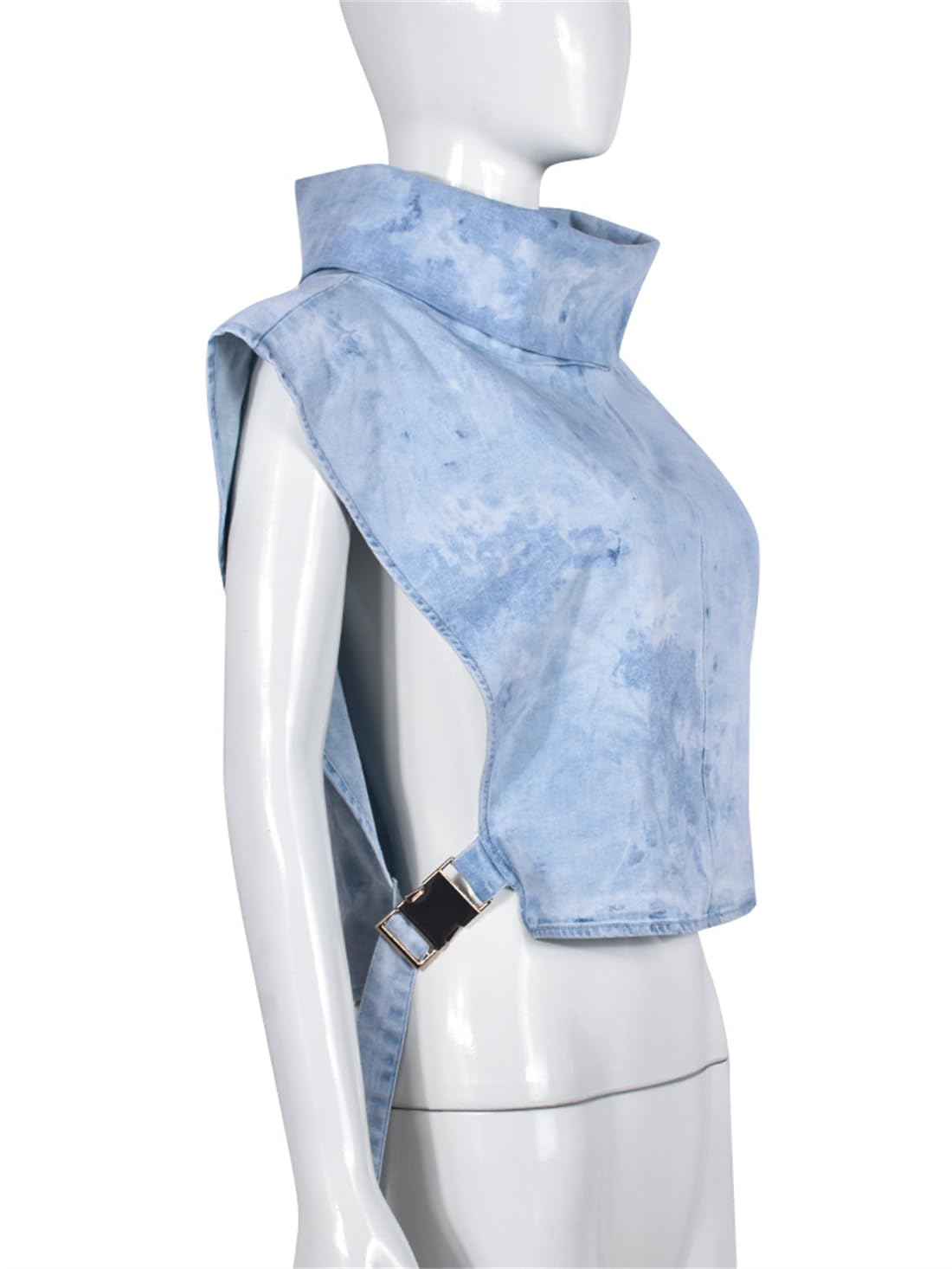 PAODIKUAI Blusa de mezclilla sin mangas con cuello alto para mujer, con hebilla superior recortada, A Tie Dye Azul, M