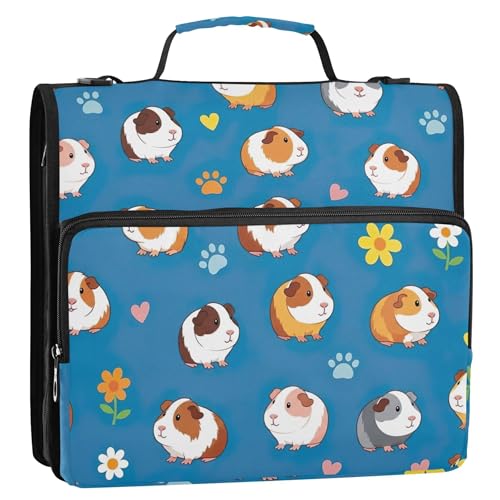 かわいい漫画モルモット 花柄 1 1/2インチ バインダー 3リングバインダー ジッパーオーガナイザーバインダー ストラップ付き ミドルスクールバッグ ポートフォリオ ケース リングフォルダーホルダー