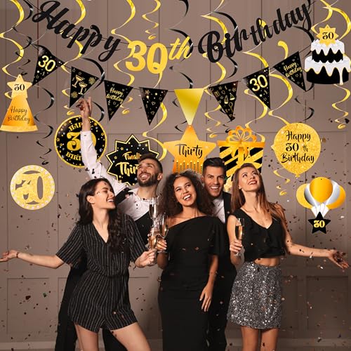 Image of 30th Birthday Decorations for Him Black Gold Happy 30th Birthday Decorations For Men Women Pre Strung Birthday Banner Bunting and Hanging Swirls