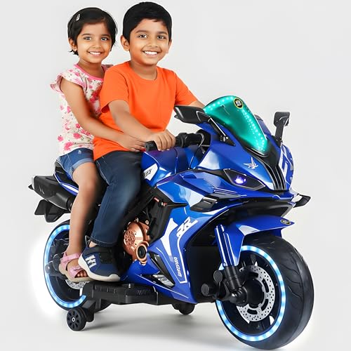 Image of Wishmaster Kids Electric Sports Bike Double Seater | Real Sound & LED Wheel Lights | Bluetooth | Hand Accelerator + Foot Brake | Fully Assembled Toy for Boys & Girls Age 2-10 Years | 6 months Warranty