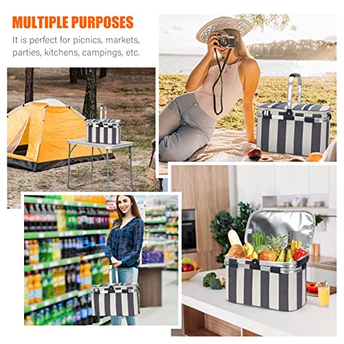 Happypicnic Insulated Picnic Baskets, 26L Cooler Bag, Shopping Basket, Collapsible Picnic Cooler With Aluminium Handle For Food, Camping, Work Or Outdoor Hiking - Wide Navy Blue Stripe #TOP6