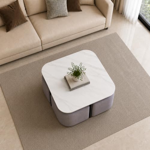 Image of The Attic Norwood Coffee Table, Coffee Table for Living Room, Coffee Table with 4 stools Solid Wood Centre Table with Ceramic Top, Black Finish