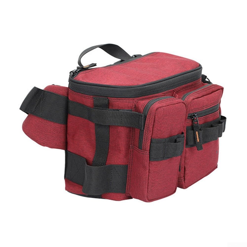 Borsa da Pesca Nylon con Portacanna e Tasca Esche(Red medium) | Zip ampia a U, per accesso per alle esche, organizer interno, ideale per riva e barca, nylon resistente