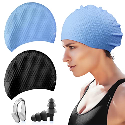 Badekappe Herren Damen - Einfarbige Silikon wasserdichte Langlebige Bequeme Badehaube für Langes und kurzes Haar Mit Nasenclip und Ohrstöpseln 2 Stück Cover